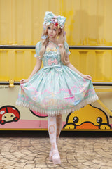 Green [Macarons Dolly House] Square Collar Short Lantern Sleeves Printed Bow Sweet Lolita Dress - Product - 2