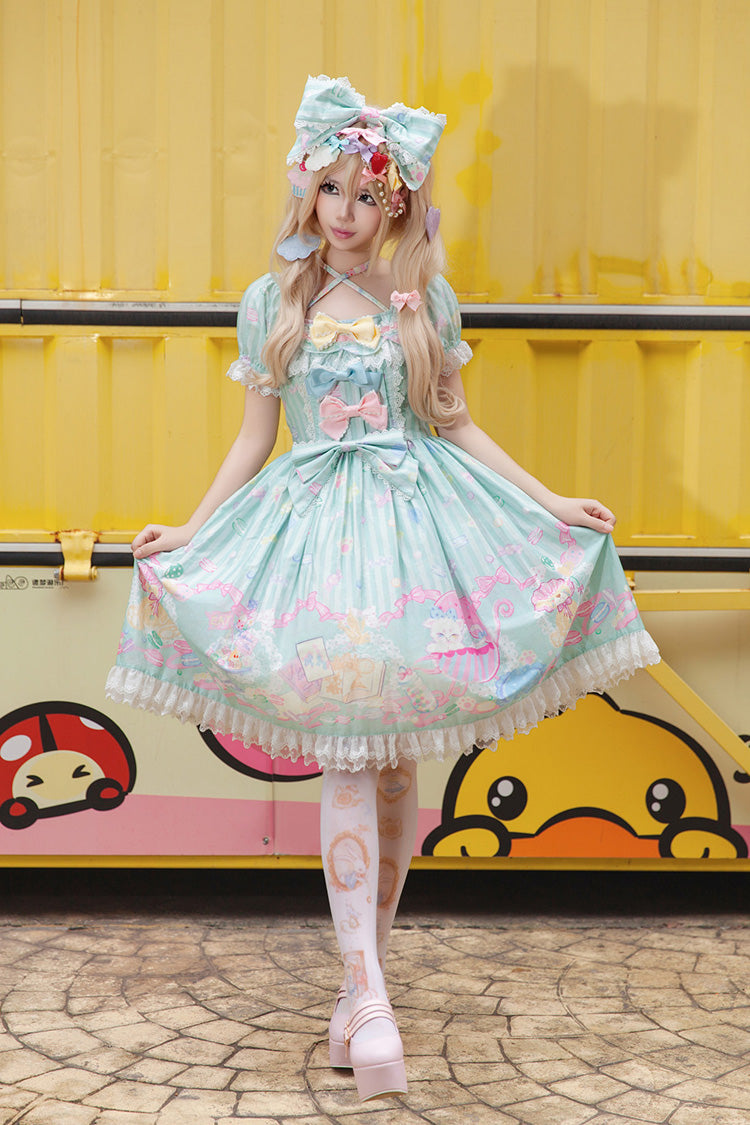 Green [Macarons Dolly House] Square Collar Short Lantern Sleeves Printed Bow Sweet Lolita Dress - Product - 2