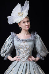Blue Boat Neck Half Sleeves High Waisted Hollow Embroidery Floral Print Victorian Lolita Prom Dress - Product - 5