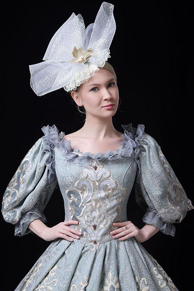 Blue Boat Neck Half Sleeves High Waisted Hollow Embroidery Floral Print Victorian Lolita Prom Dress - Product - 5