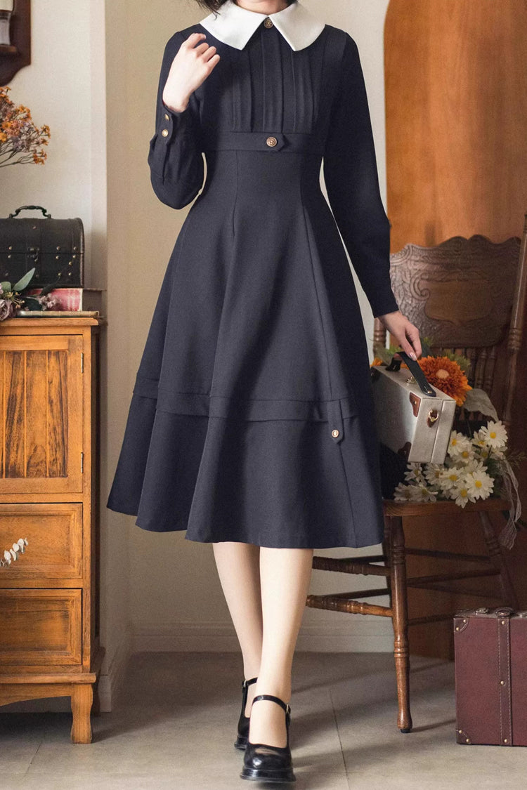 Black [Forest Antique Trunk] Lapel Collar Long Sleeves Classic Vintage Elegant Lolita Dress - Product - 2