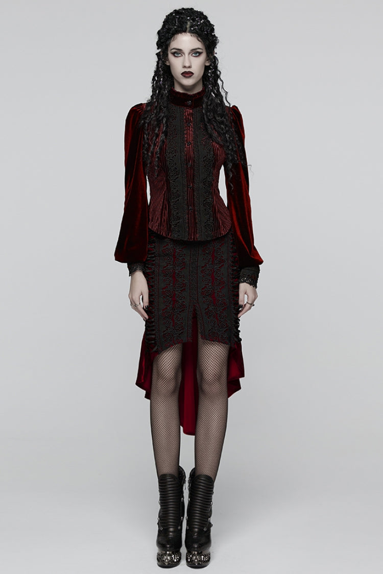 Red Stand Collar Long Puff Sleeves Floral Embroidered Lace-Up Women's Gothic Blouse - Product - 4