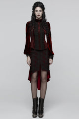 Red Stand Collar Long Puff Sleeves Floral Embroidered Lace-Up Women's Gothic Blouse - Product - 4
