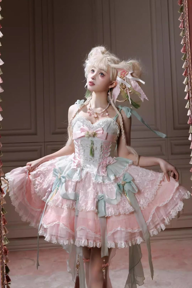 Pink/Green [Summer Lotus Breeze] Sleeveless Double-Layered Ruffled Bow Lace-Up Sweet Chinese Style Ballet Lolita Jsk Dress - Product - 3