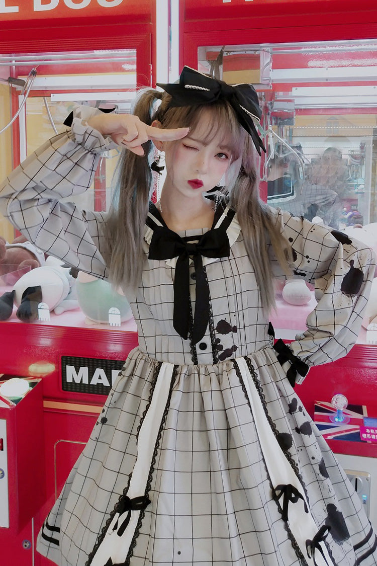 Grey College Style Navy Collar Plaid Leaking Ink Pen Print Ruffled Sweet Lolita Op Dress - Product - 2
