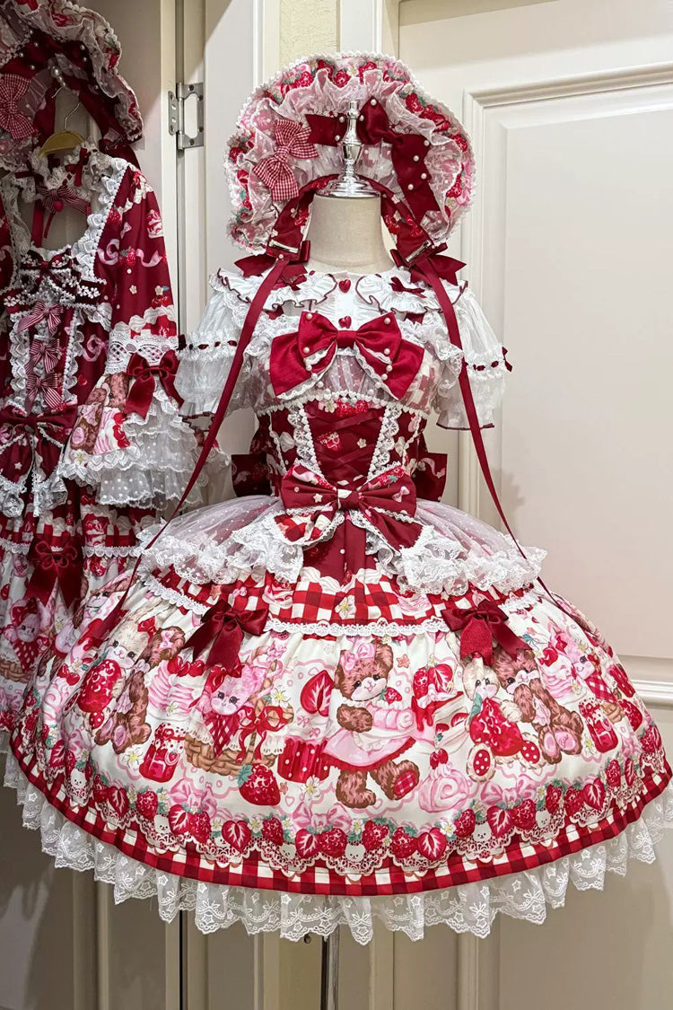 Red [Sweet Berry Bunny Bear] Printed Bow Lace Lace-Up Sweet Lolita Jsk Dress - Red - 1