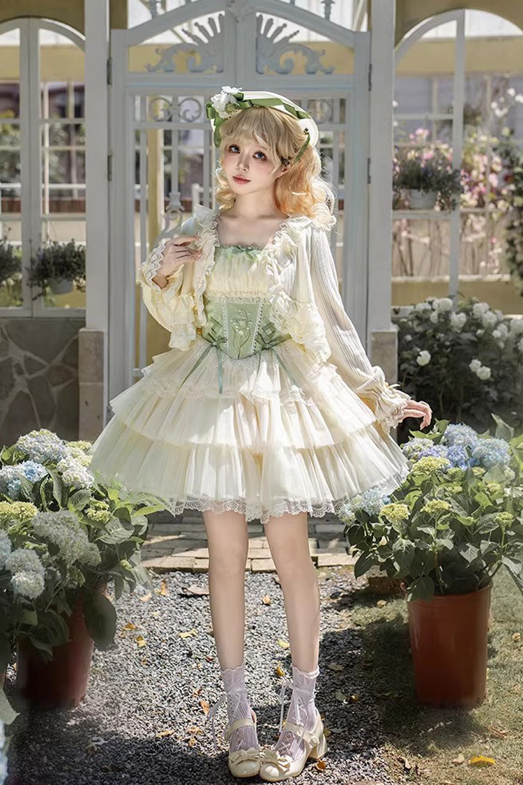 Green [Letters & Poems · Whisper of Lily of the Valley] Square Collar Multi-Layered Ruffled Embroidered Fishbone Sweet Lolita Jsk Dress 2 Versions - Product - 11