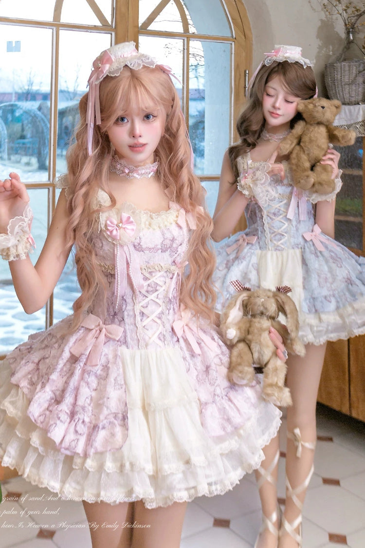 [Summer Butterfly] Square Collar Flutter Sleeves Multi-Layered Printed Ruffled Bow Lace Sweet Lolita Jsk Dress 5 Colors (Blue, Pink, Purple, Green, Beige) - Product - 5