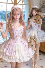 [Summer Butterfly] Square Collar Flutter Sleeves Multi-Layered Printed Ruffled Bow Lace Sweet Lolita Jsk Dress 5 Colors (Blue, Pink, Purple, Green, Beige) - Product - 5