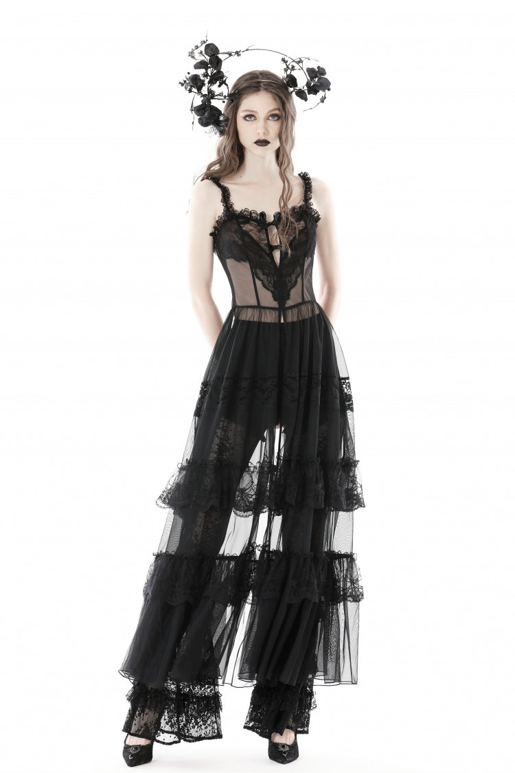 Black Sleeveless Hearted Multi-Layered Lace Split Sheer Mesh Women's Gothic Maxi Slip Dress - Black - 1