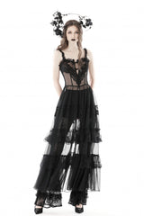 Black Sleeveless Hearted Multi-Layered Lace Split Sheer Mesh Women's Gothic Maxi Slip Dress - Black - 1