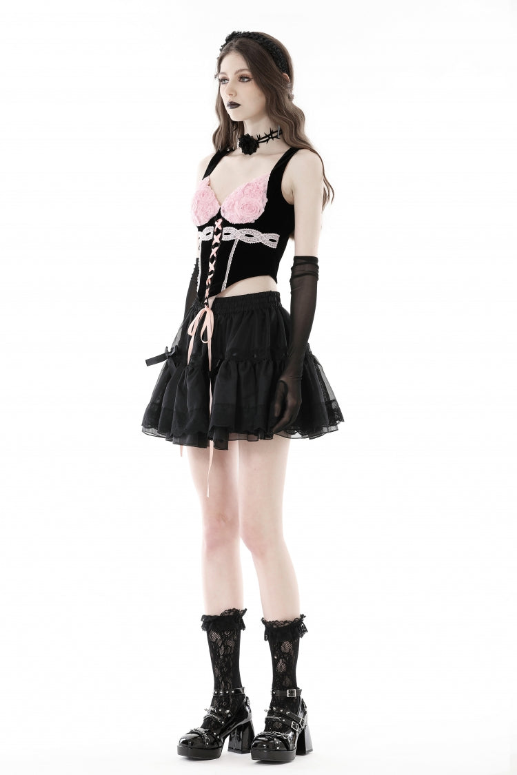Black/Pink Lace Splice Velvet Lace-Up Women's Grunge Bustier - Product - 2