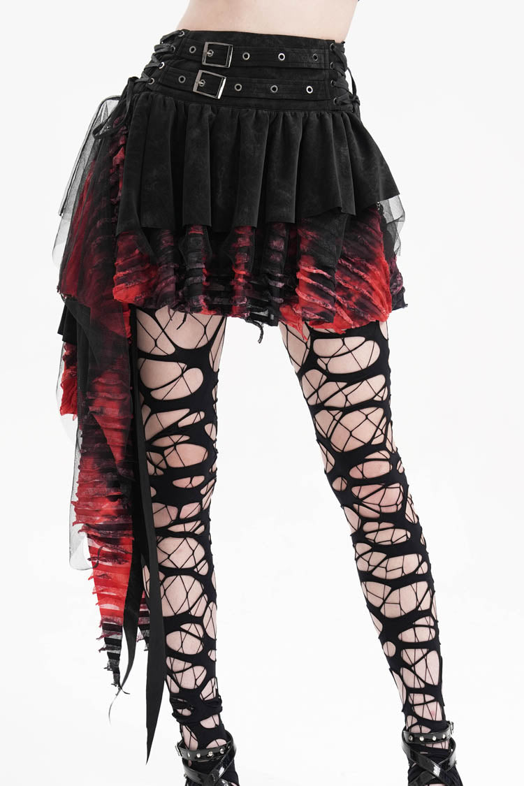 Black/Red Stitching Irregular Mesh Women's Gothic Skirt - Product - 3