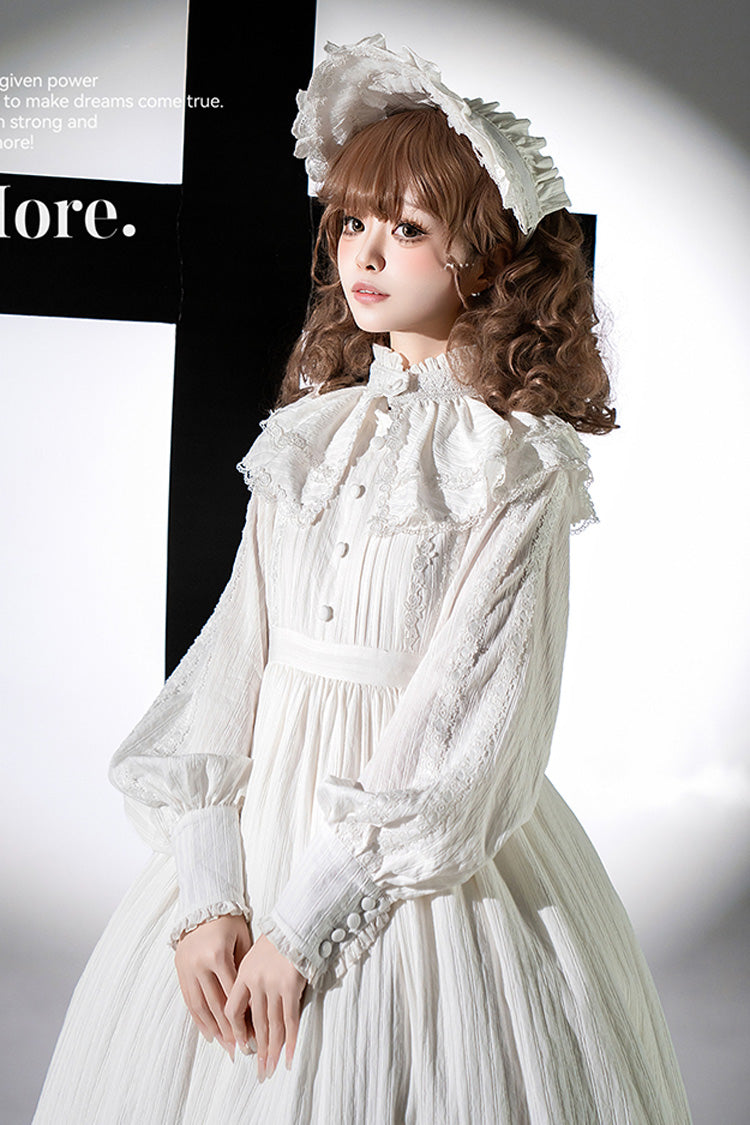 White [Quiet Place] Long Sleeves Jacquard Ruffle Embroidery Bowknot Gothic Lolita Dress - Product - 8
