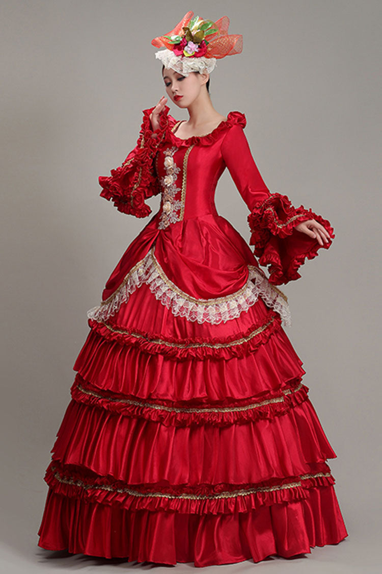 Red Hime Sleeves High Waisted Ruffled Multi-Layer Victorian Lolita Prom Tiered Dress - Product - 3