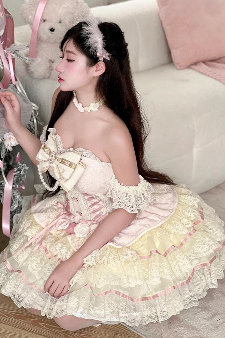 Yellow/Pink Sweet Tea Rose Dew Ruffle Bowknot Lace Sweet Lolita Skirt Dress - Product - 2