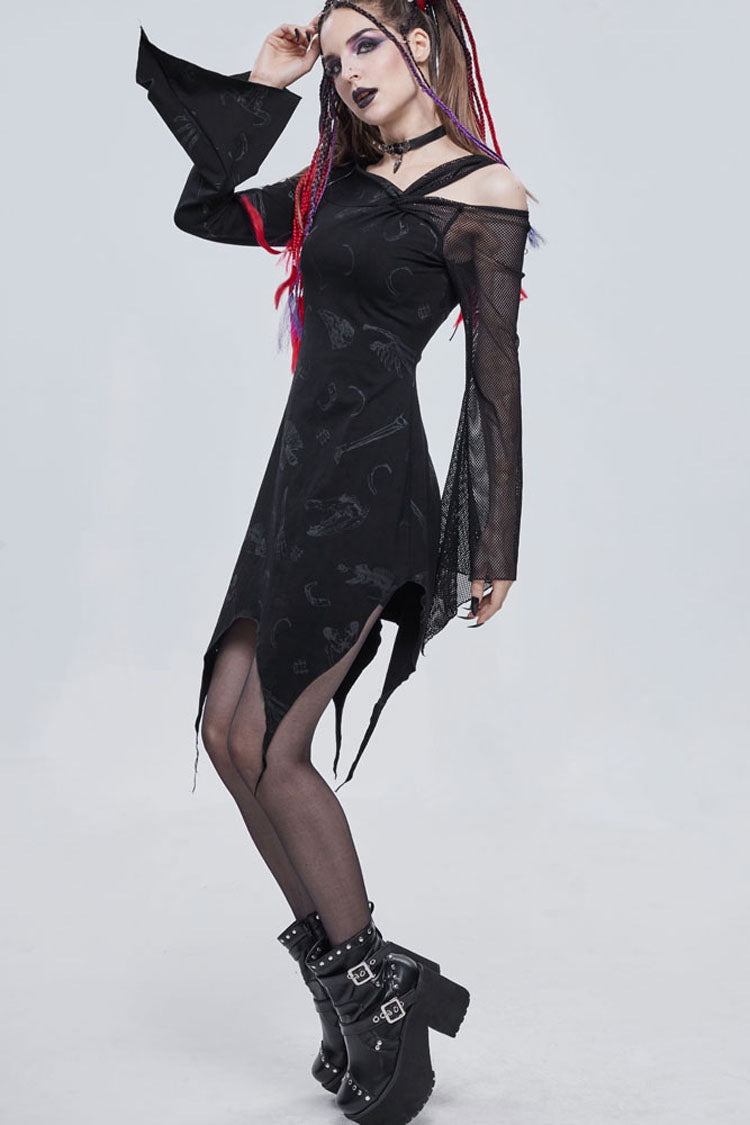 Black Gothic Off-The-Shoulder Graphic-Print Asymmetric Design Splicing Mesh Women's Dress - Product - 7