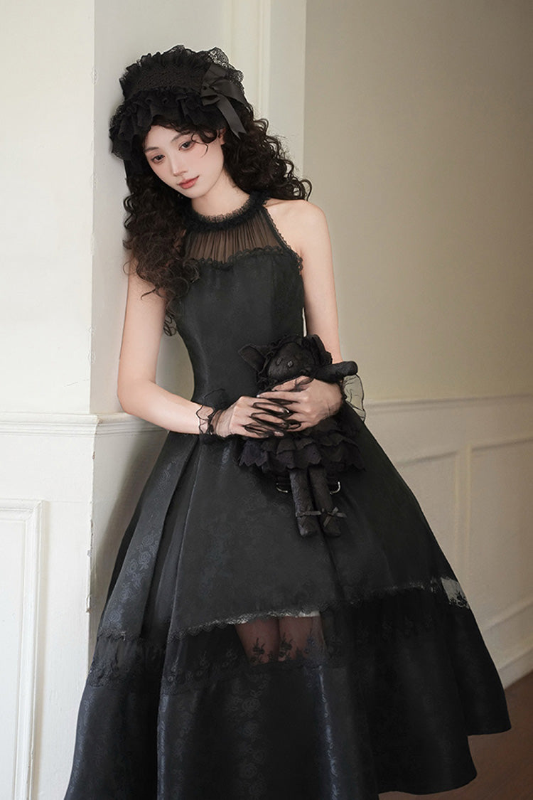 Black [Flowers in the Mist] Off Shoulder Halterneck Print Ruffle Gothic Elegant Lolita Dress - Product - 5