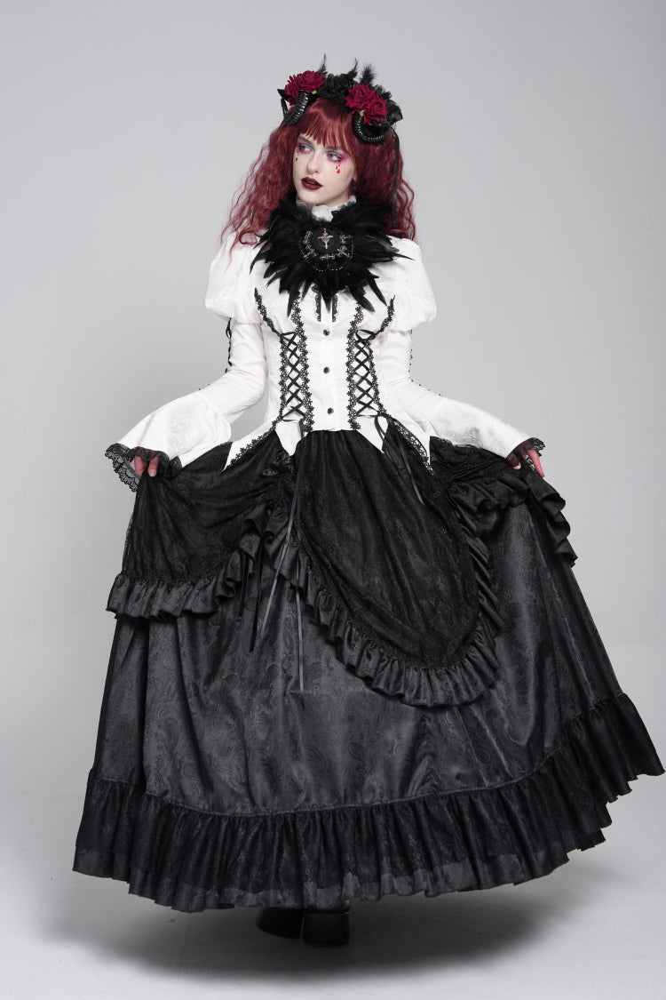 White Stand Collar Long Puff Sleeves Floral Jacquard Lace-Up Women's Gothic Blouse - Product - 4