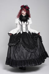 White Stand Collar Long Puff Sleeves Floral Jacquard Lace-Up Women's Gothic Blouse - Product - 4