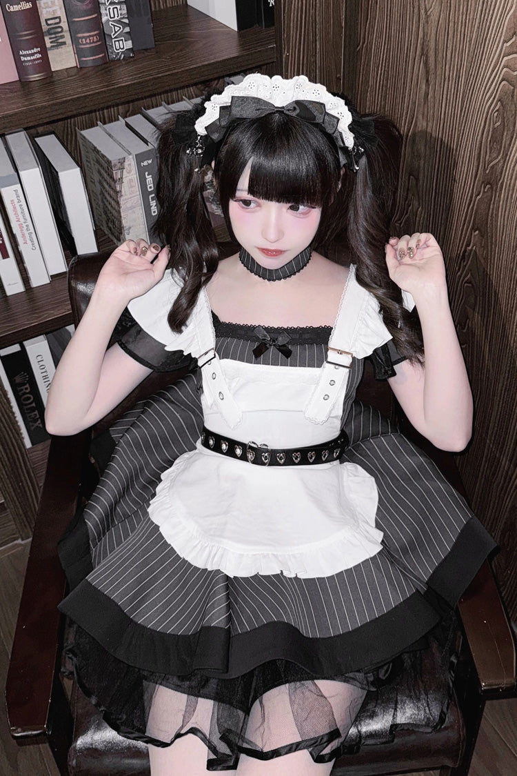 Grey/Black Short Sleeves Stripe Print Ruffle Jirai Kei Dress - Product - 5