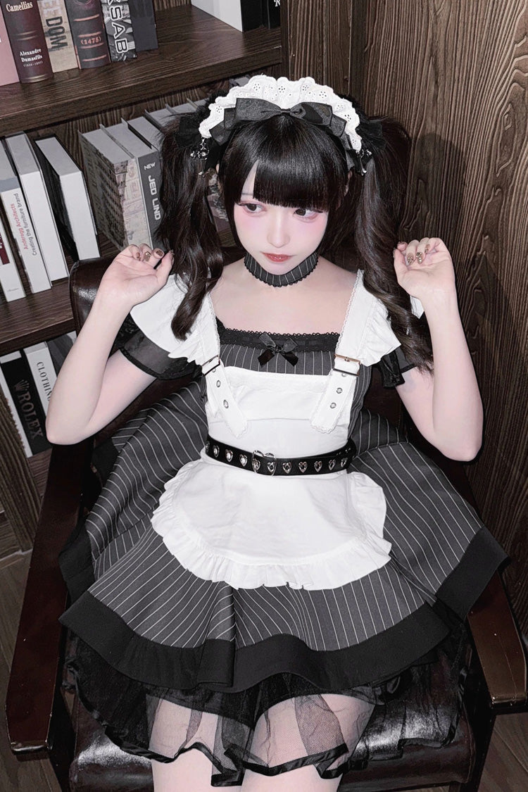 Grey/Black Short Sleeves Stripe Print Ruffle Jirai Kei Dress - Product - 5