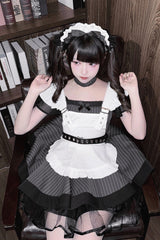 Grey/Black Short Sleeves Stripe Print Ruffle Jirai Kei Dress - Product - 5