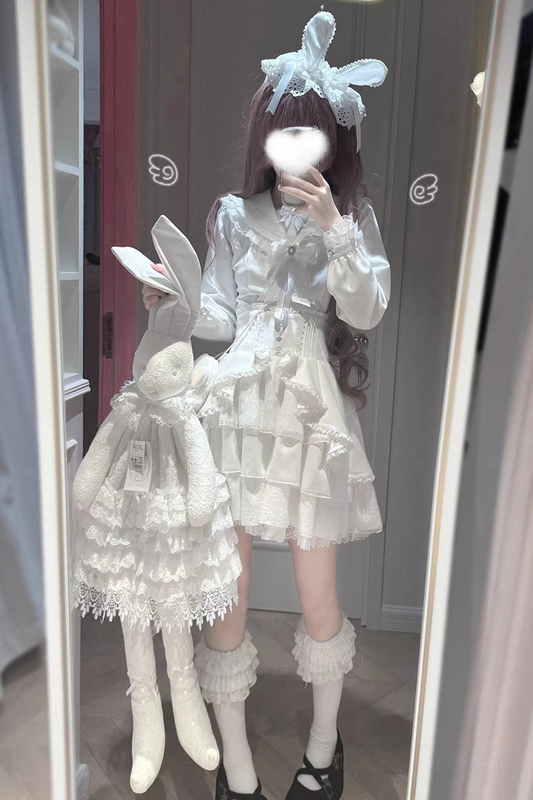 White [Snow Season Love Letter] Long Sleeves Multi-Layered Ruffled Bow Sweet Jirai Kei Lolita Skirt Set - Product - 5