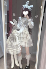 White [Snow Season Love Letter] Long Sleeves Multi-Layered Ruffled Bow Sweet Jirai Kei Lolita Skirt Set - Product - 5