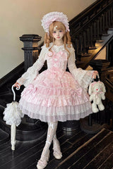 Pink [Dream-Sinking Pearl Veil] Doll-Style Sleeveless Multi-Layered Ruffled Bow Lace Daily Sweet Lolita Dress - Product - 4