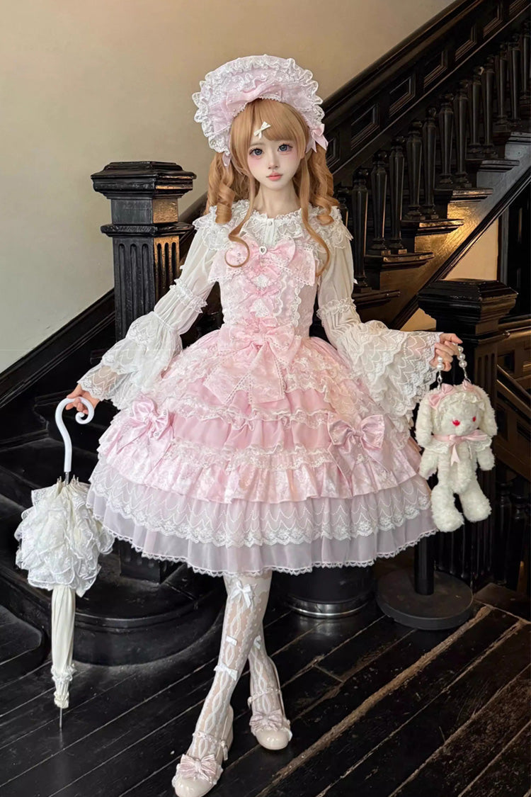 Pink [Dream-Sinking Pearl Veil] Doll-Style Sleeveless Multi-Layered Ruffled Bow Lace Daily Sweet Lolita Dress - Product - 4