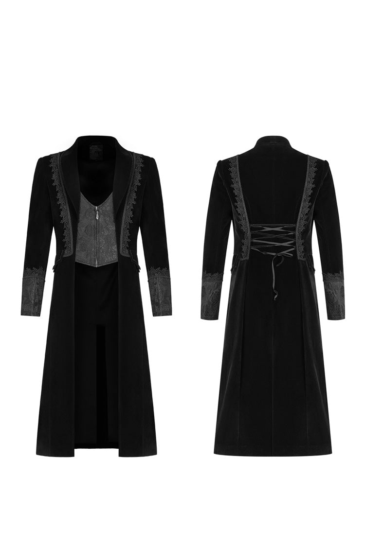 Black Long Sleeves Jacquard Lace-Up Slim Men's Gothic Long Coat - Product - 5