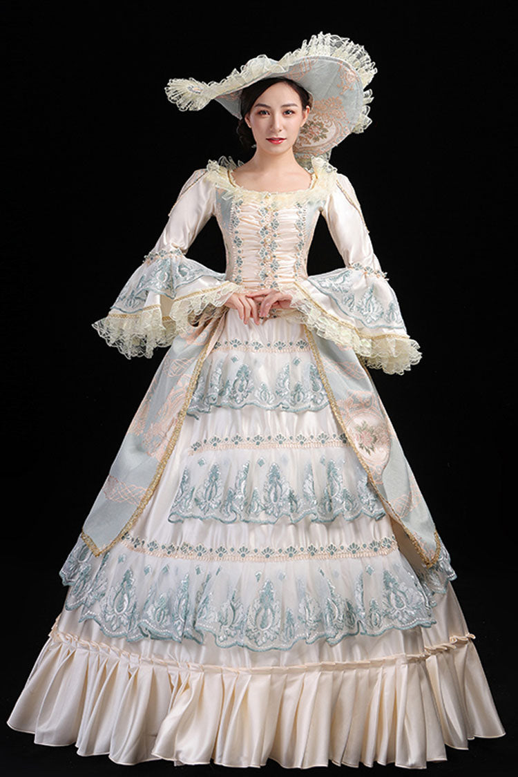 Blue/Champagne Trumpet Sleeves High Waisted Ruffled Multi-Layer Hollow Embroidery Print Victorian Lolita Prom Dress - Product - 2