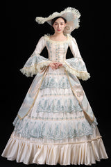 Blue/Champagne Trumpet Sleeves High Waisted Ruffled Multi-Layer Hollow Embroidery Print Victorian Lolita Prom Dress - Product - 2