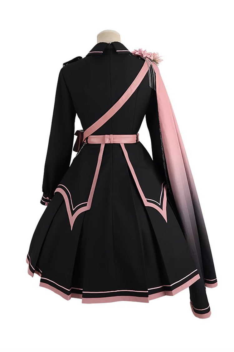 Black/Pink Long Sleeves Ruffle Gothic Military Elegant Princess Lolita Dress - Product - 12