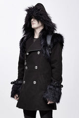 Black Cape Collar Punk Long Mens Coat With Fur - Product - 3
