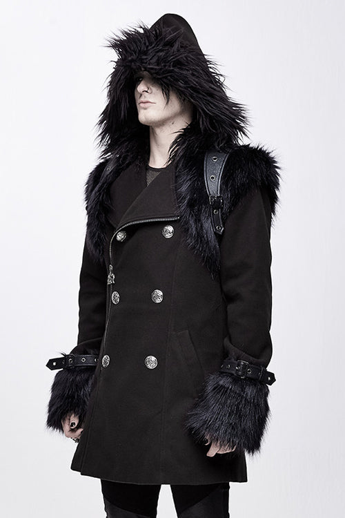 Black Cape Collar Punk Long Mens Coat With Fur - Product - 3