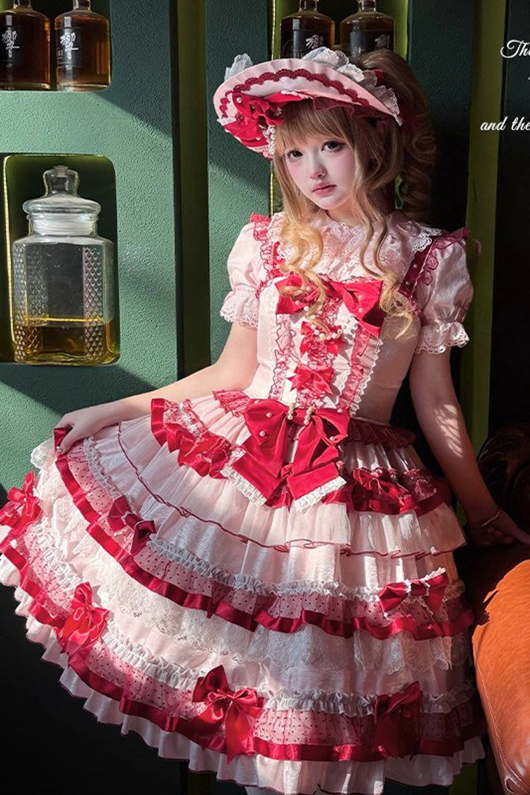 レッド [Ribbon Berries] ノースリーブ ティアード フリル リボン レース スウィートロリータ ジャンパースカート（JSK） 商品画像