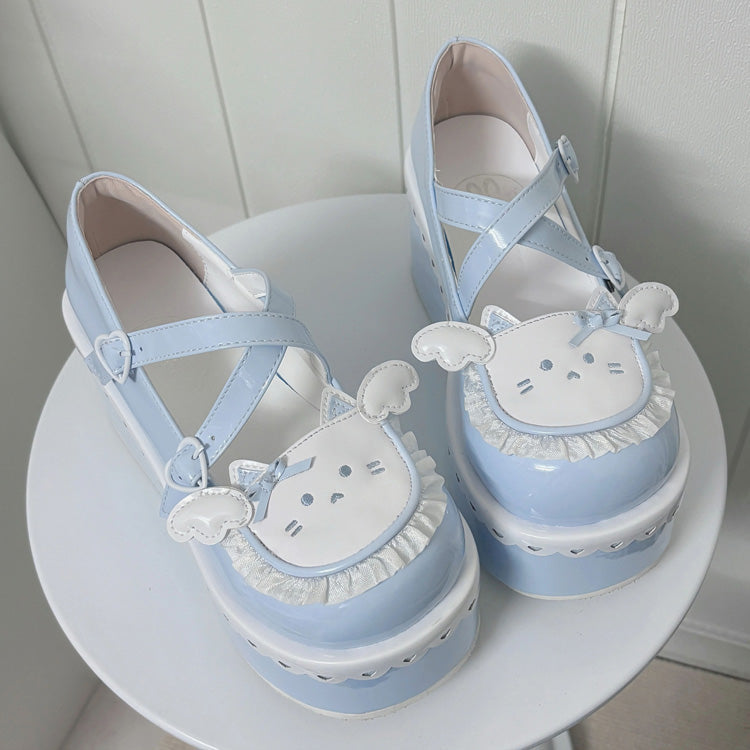 Cat Design Ruffled Cross Strap Round-Toe Daily Sweet Lolita Platform Shoes 4 Colors - Blue - 1
