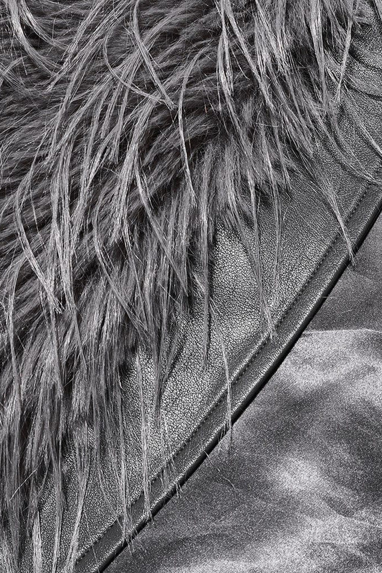 Grey Faux Fur Wool Side Long Sleeves Stitching Womens Gothic Elegant Coat - Product - 7