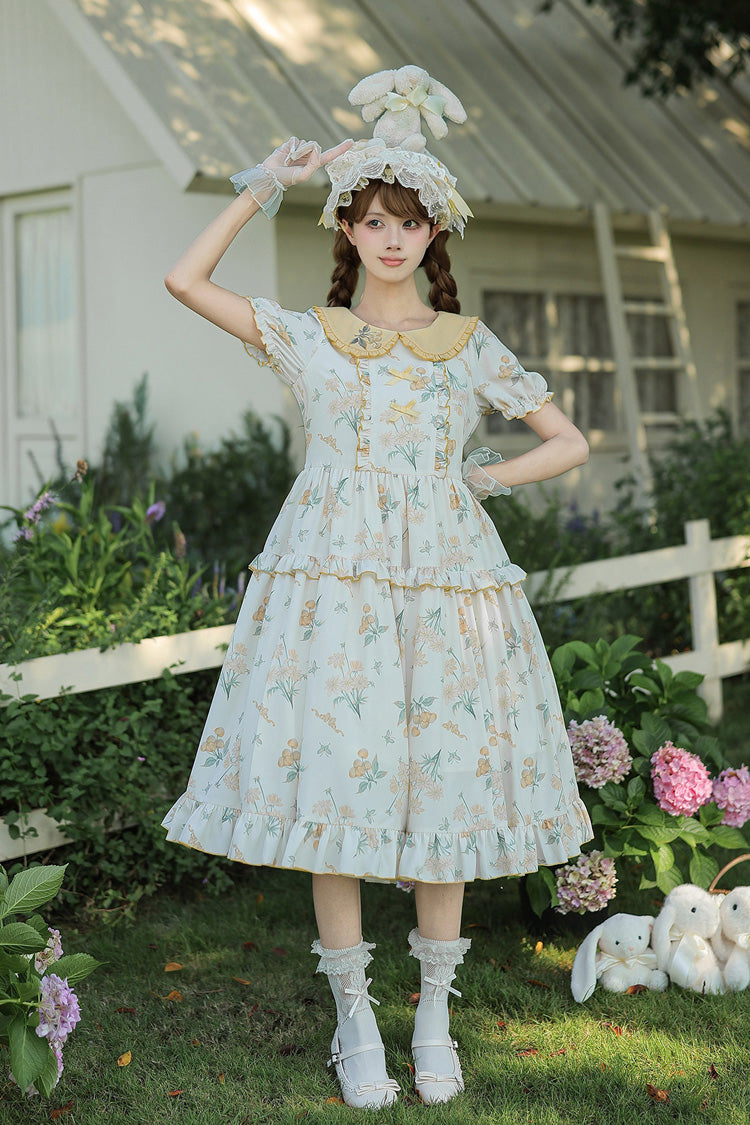 [Breezy Summer Blossoms] Peter Pan Collar Short Sleeves Jacquard Printed Ruffled Embroidered Bow Sweet Lolita Dress 2 Colors (Yellow, Purple) - Product - 16