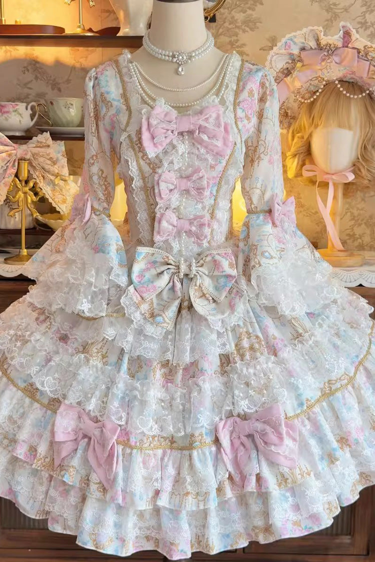 Apricot [Candlelight Elegance] Long Trumpet Sleeves Multi-Layered Ruffle Bowknot Lace Sweet Elegant Lolita Dress - Product - 3