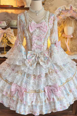 Apricot [Candlelight Elegance] Long Trumpet Sleeves Multi-Layered Ruffle Bowknot Lace Sweet Elegant Lolita Dress - Product - 3