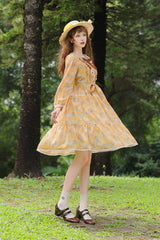 Yellow [Gardening Sunflower] Long Sleeves Print Ruffle Bowknot Sweet Elegant Lolita Dress - Product - 5