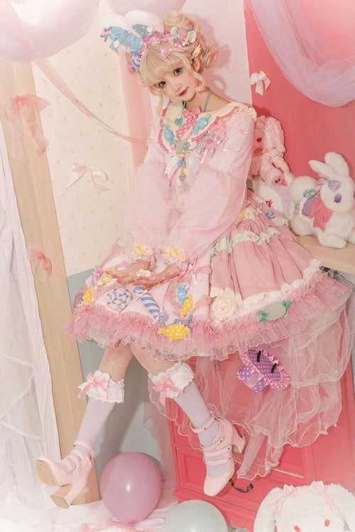 Pink Candy Party Lace Long Sleeves Bowknot Multi-Layer Ruffled Sweet Lolita JSK Dress - Product - 3