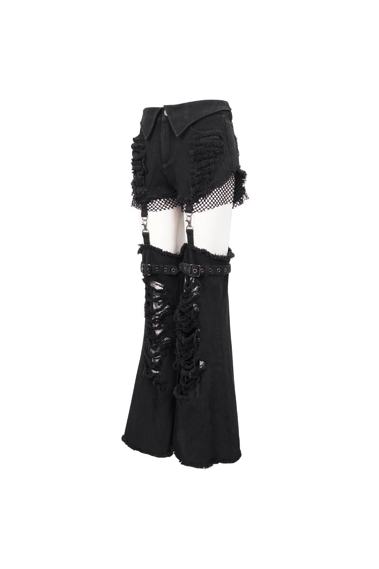 Black Segmented Splicing Old Fashioned Holes Flared Women's Punk Trouser - Product - 8
