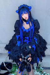 Black/Blue Puff Short Sleeves Princess Gothic Lolita Tiered Dress - Product - 3