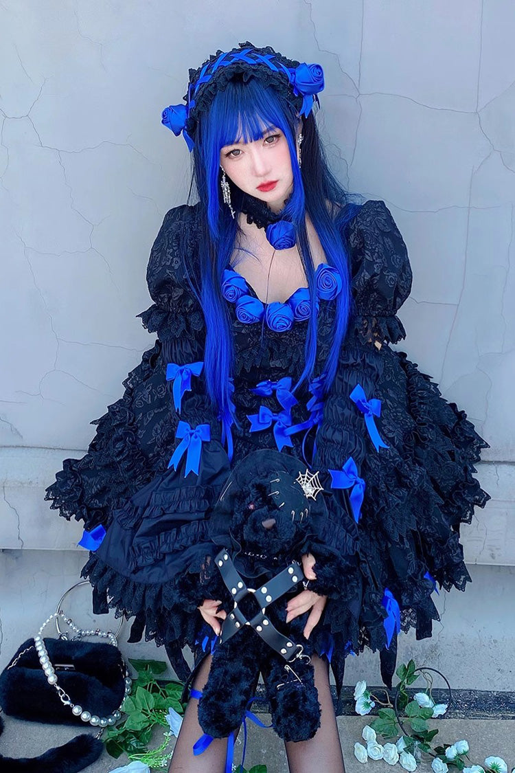 Black/Blue Puff Short Sleeves Princess Gothic Lolita Tiered Dress - Product - 3