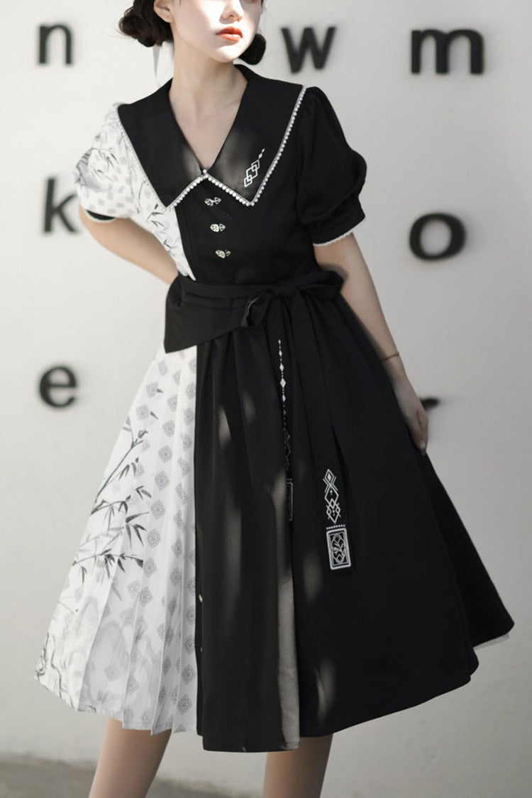 Black/White Stitching Chinese Style Bamboo Print High Waisted Sweet Lolita Dress - Black/White - 1