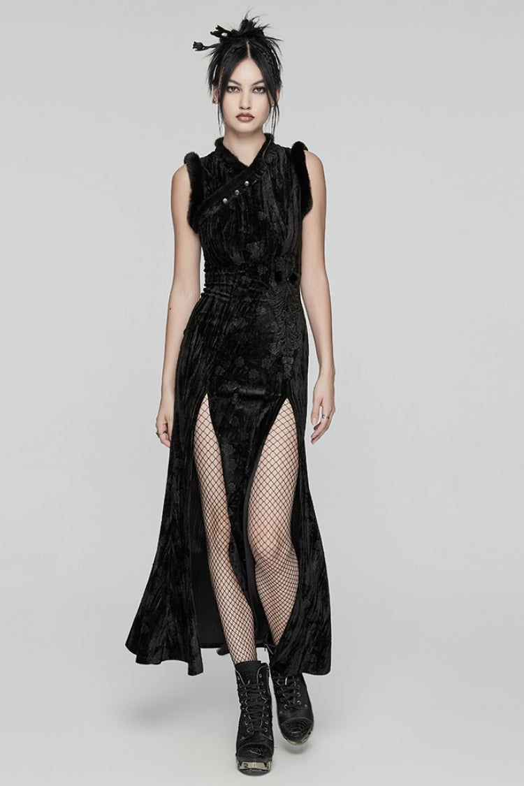 Black Jacquard Ripped Women's Gothic Dress with Oversleeves - Product - 4